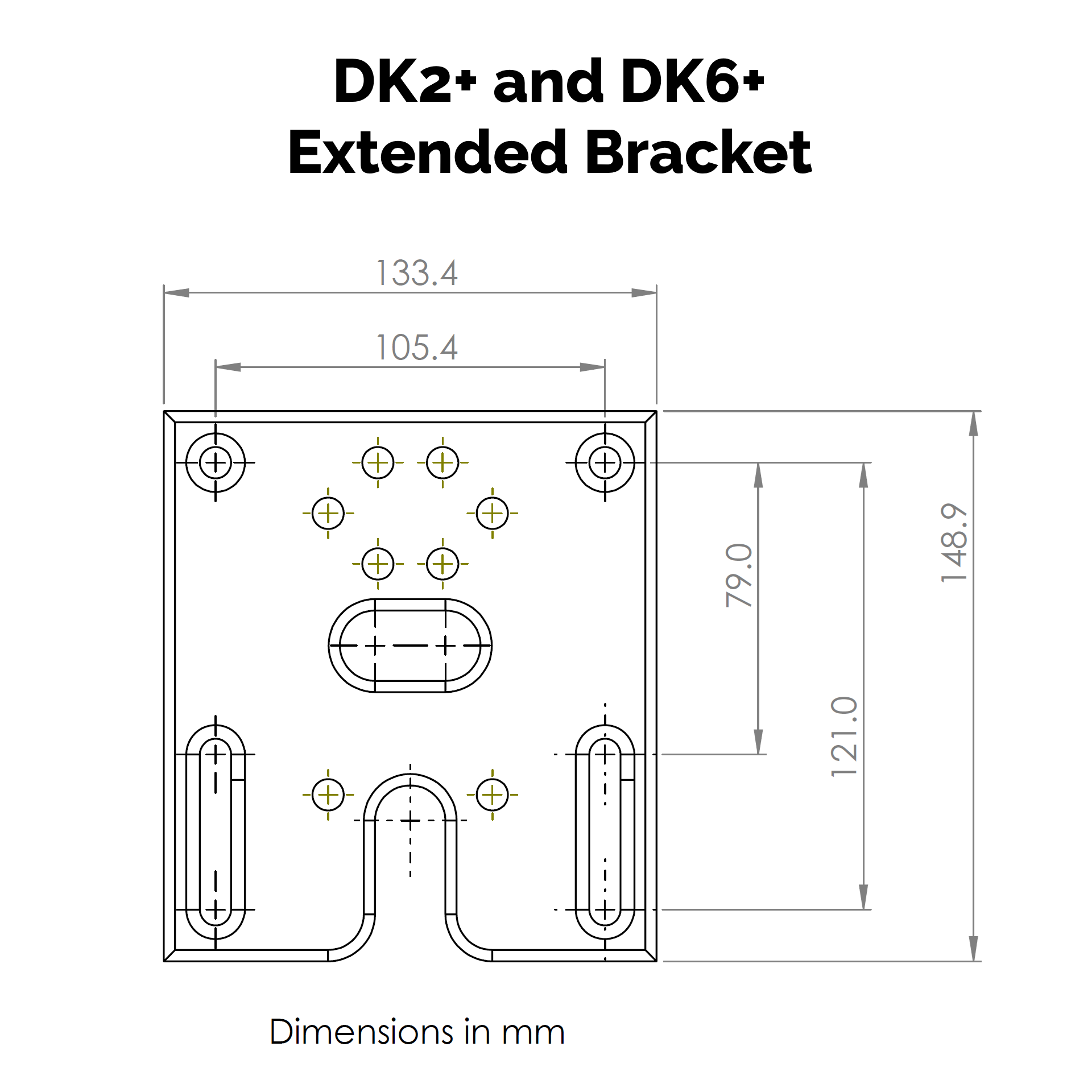 Technical drawing of DK2+ and DK6+ Extended Bracket with dimensions in millimeters.