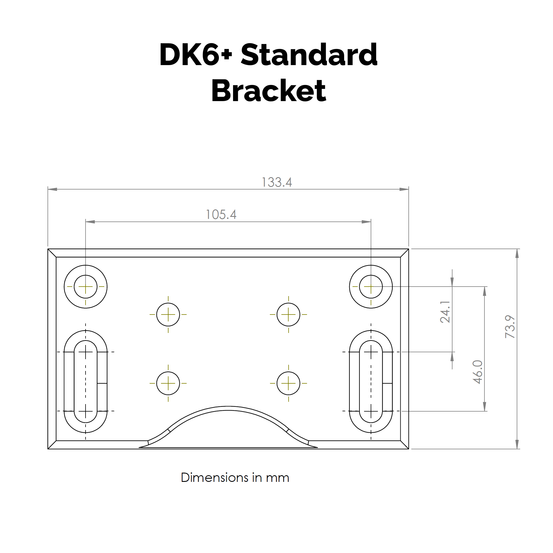 Technical drawing of a DK6+ Standard Bracket with dimensions in millimeters.