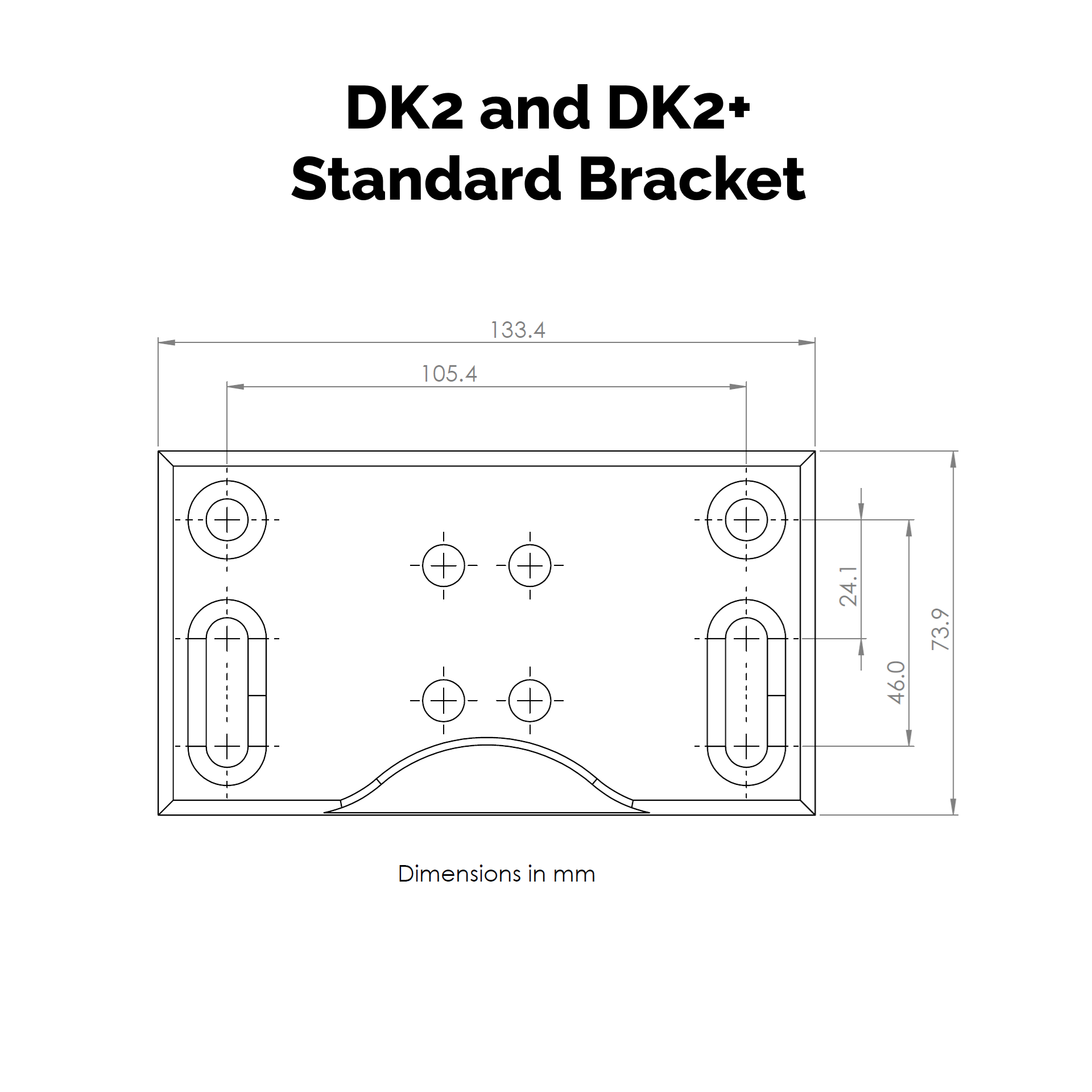 Technical drawing of DK2 and DK2+ Standard Bracket with dimensions in millimeters.